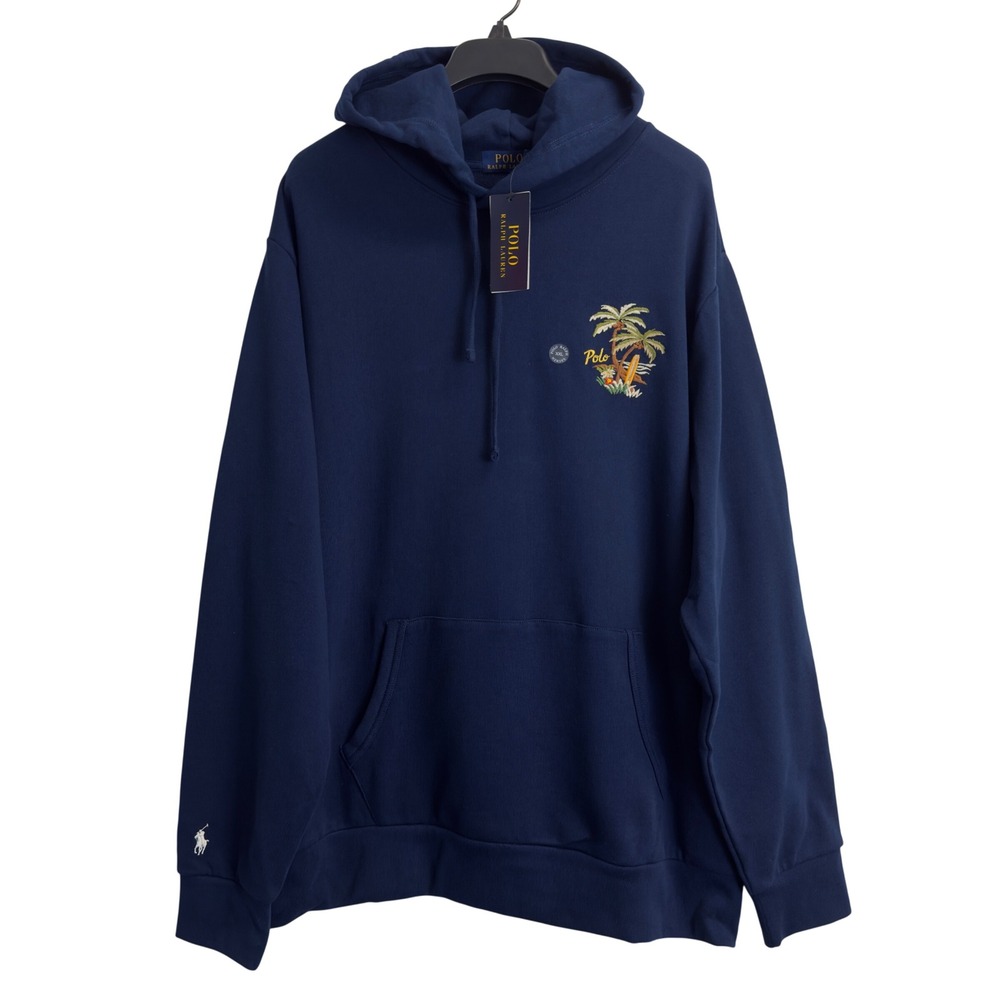 NEW Polo Ralph Lauren Mens XXL Navy Tropical Palm Tree Embroidered Hoodie Cotton